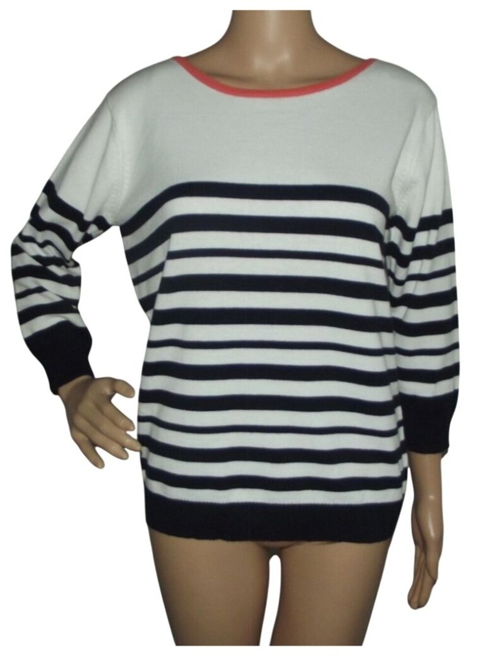 Isle Sweater Womens Size Medium 14 white black striped coral trim cotton